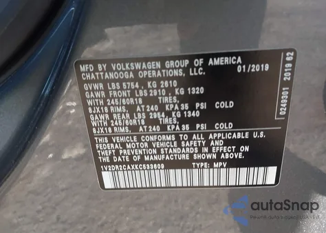 2019 Volkswagen Atlas 3.6L V6 Se z USA, uszkodzony, nr VIN 1V2DR2CAXKC533609